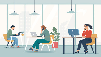 Modern Coworking Space Illustration: Diverse Team Working on Laptops and Computers