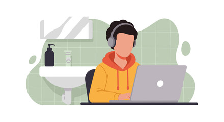 Person working on laptop in bathroom, perfect for remote work or freelance articles.