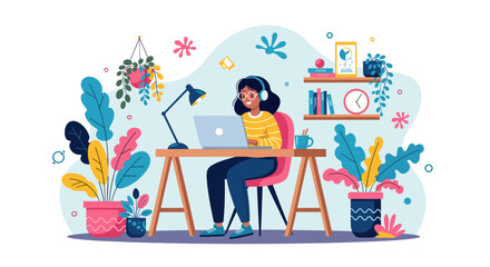 Happy woman working from home on laptop, surrounded by plants. Perfect for blog, website or social media.