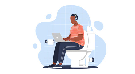 Man working on laptop while sitting on toilet - Illustration for articles about remote work, work-life balance, or humorous situations.