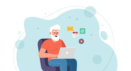 Happy senior man using laptop, perfect for websites or brochures promoting technology for seniors.
