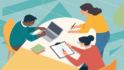 Diverse team collaborating around a table, perfect for illustrating teamwork and project success in business presentations or marketing materials.