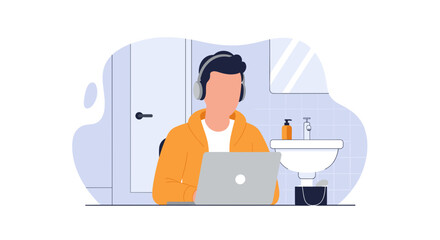 Man working on laptop in bathroom, perfect for blog posts about remote work or work-life balance.