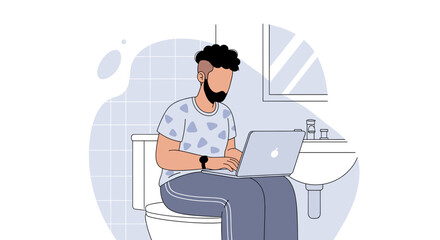 Illustration of a man working on his laptop while sitting on the toilet, perfect for articles about work-life balance or remote work.