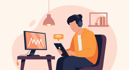 Person working from home, using computer and tablet, perfect for illustrating remote work, freelance, or online business.