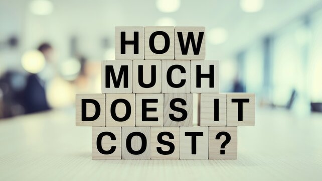 How Much Does It Cost? Typography spelling out the question in wooden blocks on a desk.