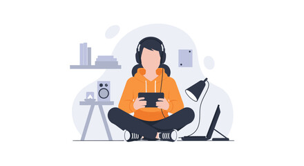 Person relaxing at home with tablet and headphones, perfect for blog posts about relaxation or technology.