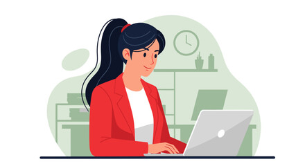 Businesswoman working on laptop, ideal for website banners or presentations.