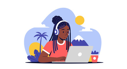 Young woman working on laptop, remote work, freelance, digital nomad, tropical background, illustration