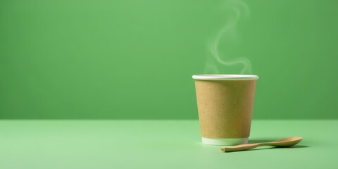A steaming cup of hot beverage in a recyclable paper cup, accompanied by a small wooden spoon, rests on a light green surface against a vibrant green backdrop.