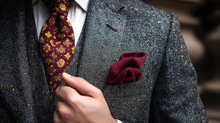 Close up of man in grey speckled suit adjusting jacket red and gold tie burgundy pocket square sharp formal style