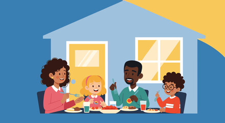 Happy family enjoying a meal together at home, perfect for family blogs, websites, or brochures.