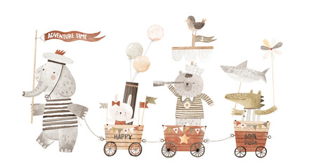 Cute animals play sea adventure. Party of friends. Cute poster. Painting for the children's room. Isolated on white background.