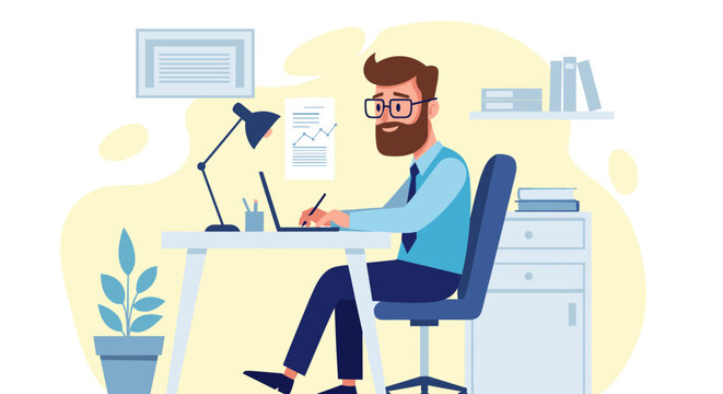 Happy businessman working on laptop at his desk, perfect for website banners or blog posts about productivity and success.