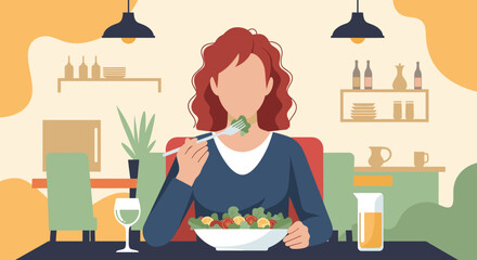 Woman enjoying a healthy salad in a stylish restaurant - perfect for food blogs, healthy eating campaigns, or restaurant marketing.