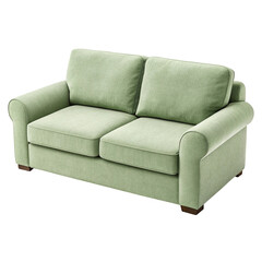 Fototapeta premium Comfortable light green two seater sofa with plush cushions isolated on transparent background