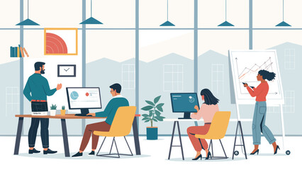 Diverse team collaborating in a modern office, perfect for illustrating teamwork and productivity on websites or presentations.