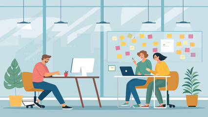Teamwork in a modern office: Illustration of colleagues collaborating on a project, perfect for website landing pages or business brochures.
