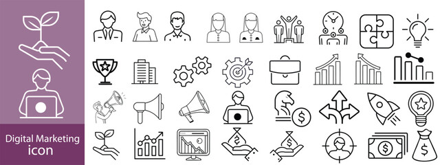 Set of digital marketing line icons. Management, seo, target, ad, analytics etc