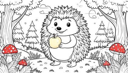A cute hedgehog in a forest holds a ripe apple
