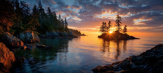 Morning sky radiates warm hues above peaceful ocean waves and towering woodland trees