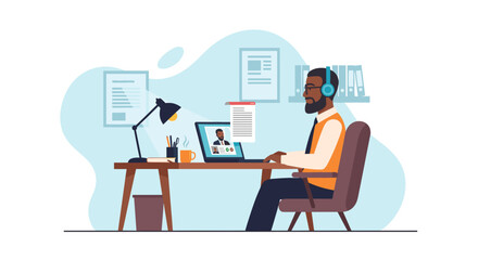 African American man in video conference, perfect for illustrating remote work, online meetings, or virtual communication.