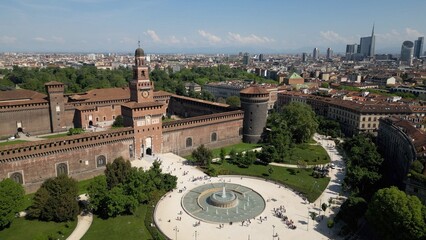 Europe, Italy, Milan 07,26,2025 Drone  view of Sforza Castle tourist attraction in downtown with...