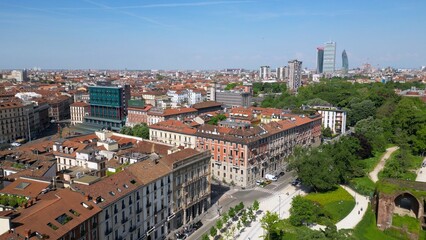 Europe, Italy, Milan 07,26,2025 Drone  view of Sforza Castle tourist attraction in downtown with...