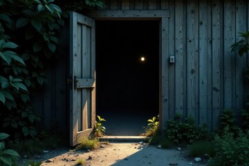 Mysterious Wooden Doorway Leading to an Unknown Place, Bathed in the Soft Light of a Distant Sun
