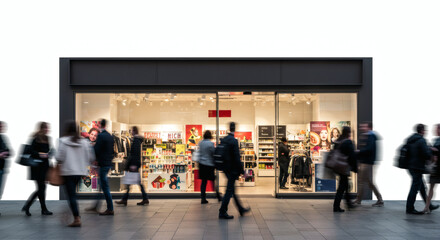 Pedestrians walk past a storefront store.
