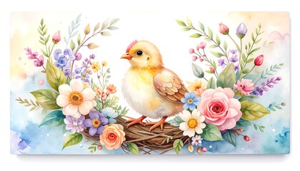 A fluffy yellow chick nestled in a spring floral wreath
