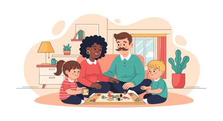 Happy family playing a board game together at home. Perfect for family blogs, websites, and articles about family time.