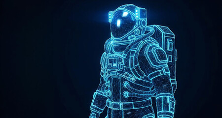 A futuristic astronaut in a detailed blue wireframe suit, glowing with neon light against a dark cosmic background