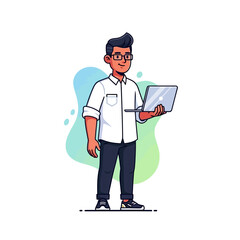 Smiling man in a white shirt stands holding a laptop.