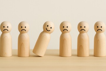 Optimism Mindset Shift Wooden Figures Illustrating Emotional Balance and Growth in a Minimalist Setting