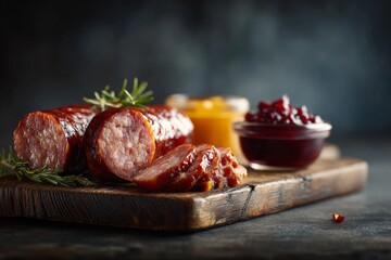 Savory sausage with mustard and cranberry sauce served on a rustic wooden board