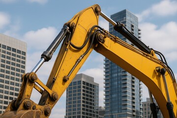 Dynamic Yellow Excavator Arm in Motion Urban Construction Site Mechanical Engineering Modern Cityscape Perspective