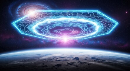 Futuristic hexagonal shield in space over a planet
