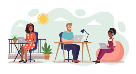 Diverse team working remotely on laptops, ideal for illustrating remote work, collaboration, or a technology company's website.