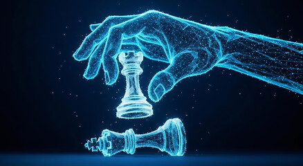 A digital blue hand with a wireframe structure moves a chess rook over a fallen king, illustrating strategic gameplay and business leadership