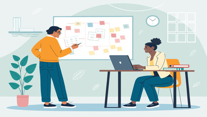 Diverse colleagues collaborating on a project, using a whiteboard and laptop. Perfect for business websites, brochures, and presentations.