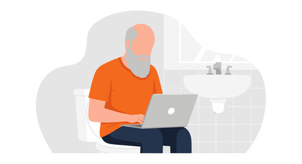 Senior man using laptop on toilet - humorous illustration for website or social media.