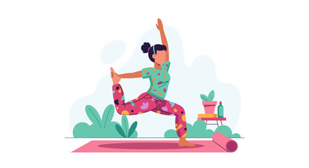 Woman practicing yoga at home, perfect for wellness websites or fitness apps.