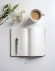 White Notebook Pen Coffee Cup Minimal Flatlay