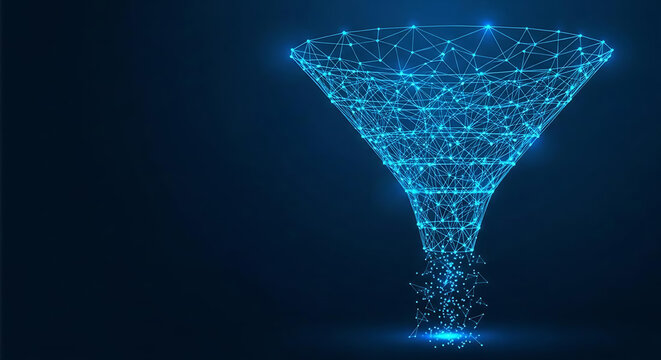 A glowing blue geometric network funnel illustrates a digital data filtering process in a futuristic business concept