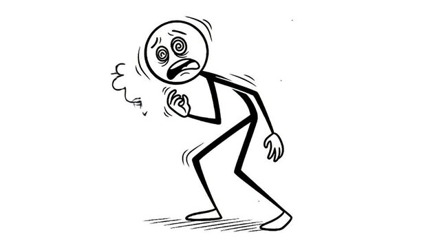 Animated Stick Figure Experiencing Dizziness, Anxiety, and Breathlessness on White Background