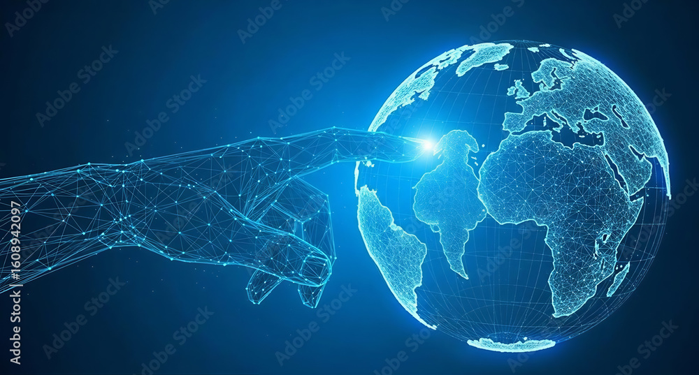 Poster a glowing blue digital hand touches a wireframe globe, symbolizing global connection and interaction