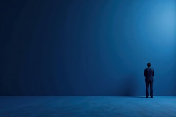 Fototapeta premium Contemplation Before a Vast Blue Wall A Businessman's Silent Reflection on Future Opportunities