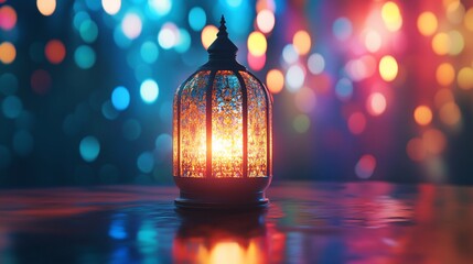 Decorative lantern casting warm glow against a vibrant bokeh background