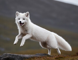 Obraz premium In mid-air, a translucent Arctic fox leaps with poise. And shows its agile grace against a spotless background.